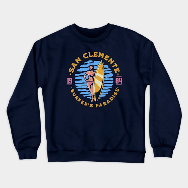 Vintage San Clemente, California Surfer's Paradise // Retro Surfing 1980s Badge Crewneck Sweatshirt by Now Boarding